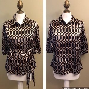 Like New-3/4 Button Front Blouse-Black&Pewter-S 10
